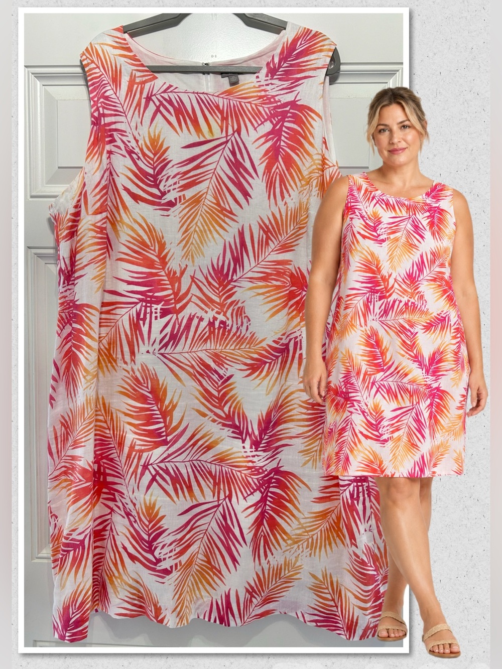 100% Linen & Cotton J.Jill Plus Size Tropical Palm Print Shift Dress Pink Orange
